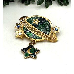 Gold-Tone Saturn Brooch With Stars and Moon Dangle By Newpro